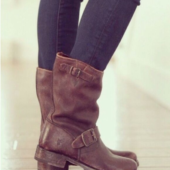 FRYE Harness Boots Size 9 Brown Leather Short Moto Biker VERONICA Booties Sz. 9 - Picture 9 of 10